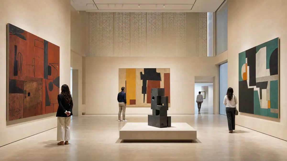 Visitors exploring contemporary Moroccan art in a bright Rabat museum