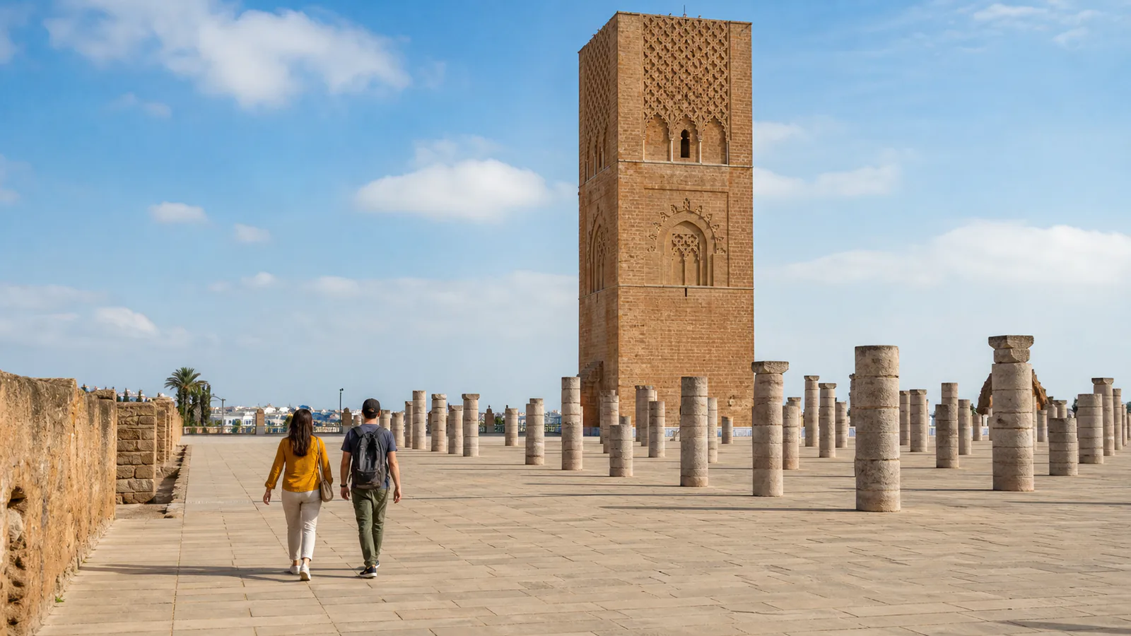 Visitors walking across the Hassan Tower esplanade during a Rabat day trip