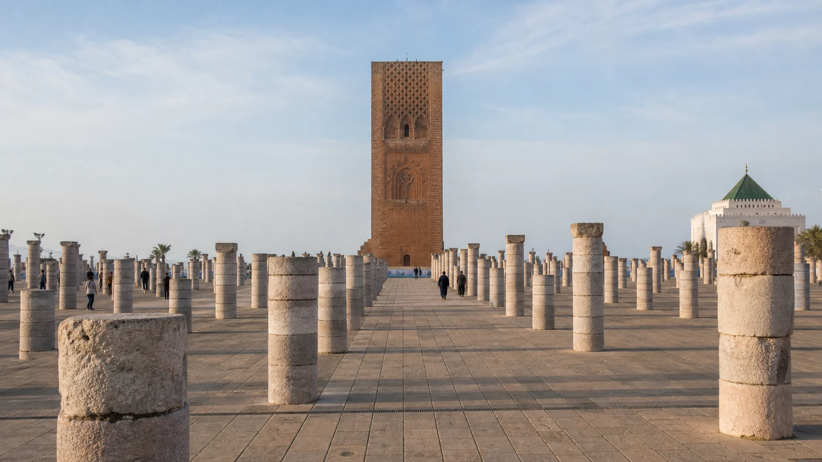 Hassan Tower and the historic column field in Rabat during the morning
