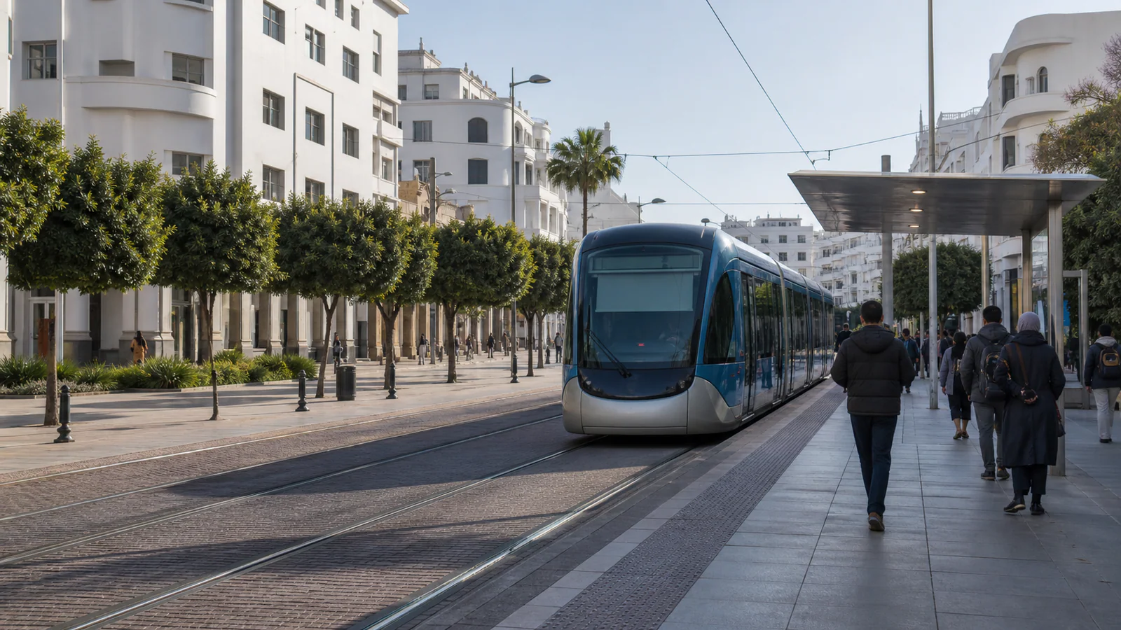 Modern tram moving through a broad central boulevard in Rabat