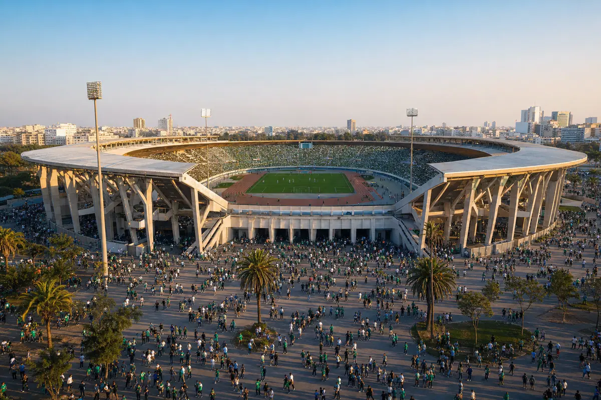 Editorial visualization of a green-and-white match-day crowd arriving at a large Casablanca football stadium