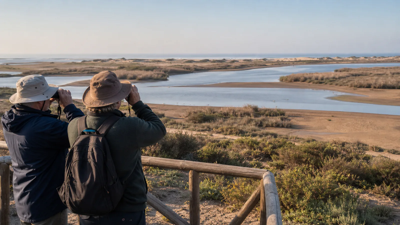 Birdwatchers overlooking a river estuary and dry coastal wetland in the Souss-Massa region