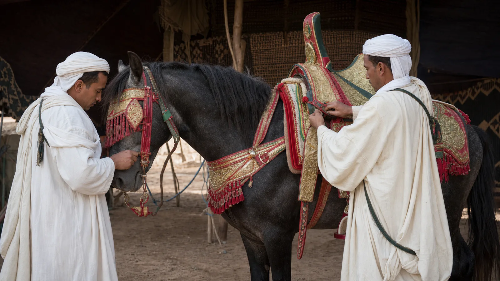 Two Moroccan riders preparing the decorated tack of a Tbourida horse
