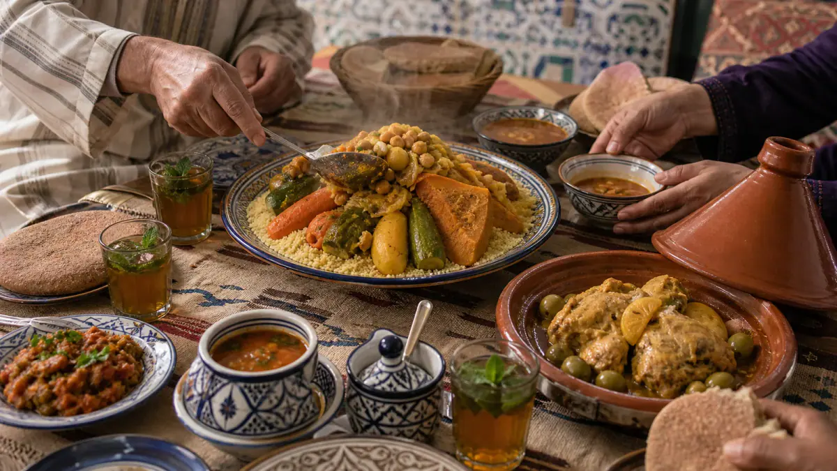 Moroccan family table with couscous, chicken tagine, harira, zaalouk and bread