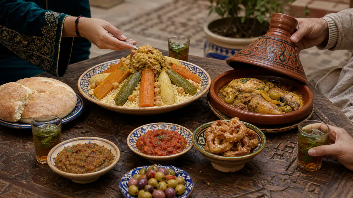 Shared Moroccan meal with couscous, chicken tagine, salads, bread, tea and pastries