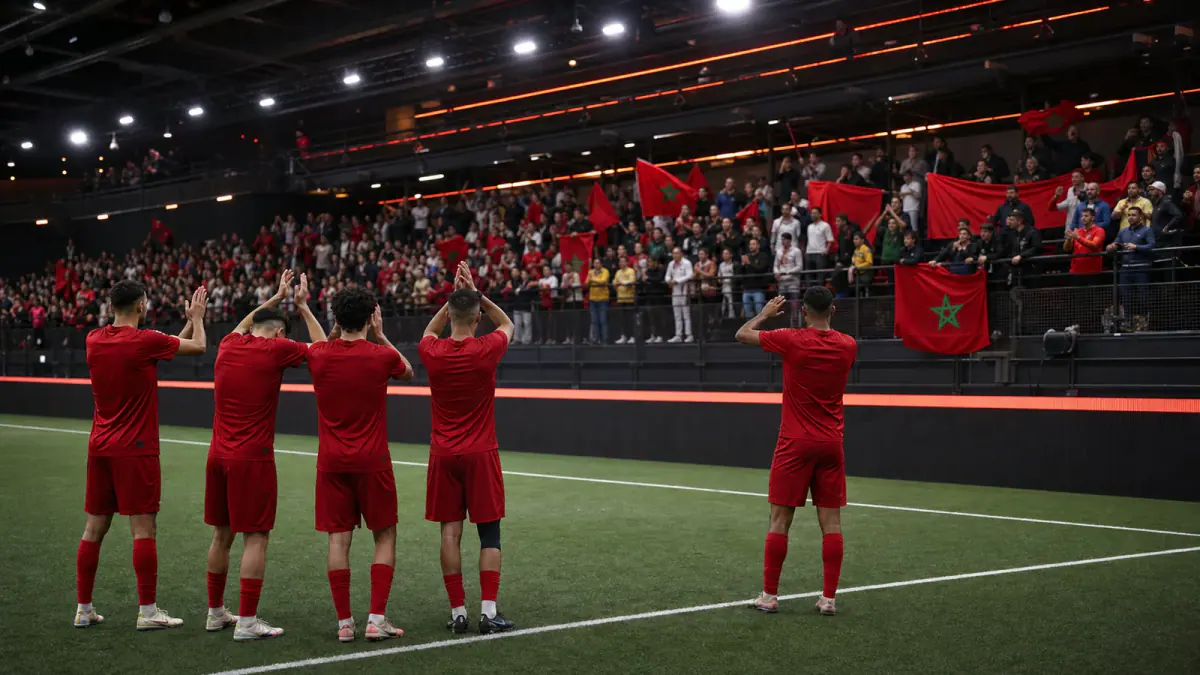 Moroccan footballers applauding supporters after a compact-arena tournament campaign