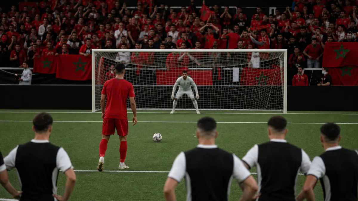 Moroccan player preparing for a decisive shootout kick in front of red-clad supporters