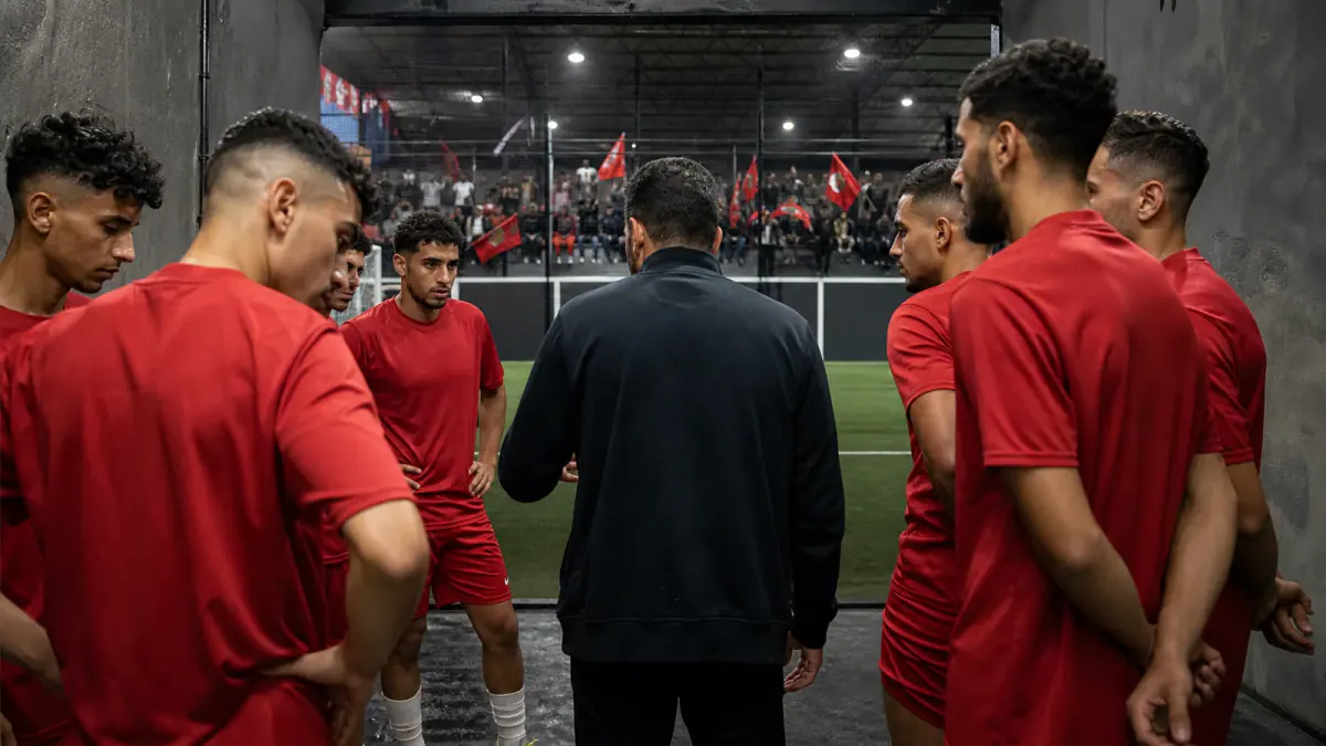 Anonymous team organizer speaking to Moroccan footballers before entering a compact arena