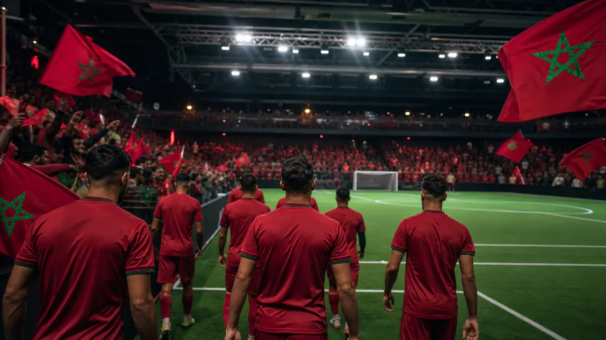 Moroccan football team entering a compact arena as supporters wave national flags