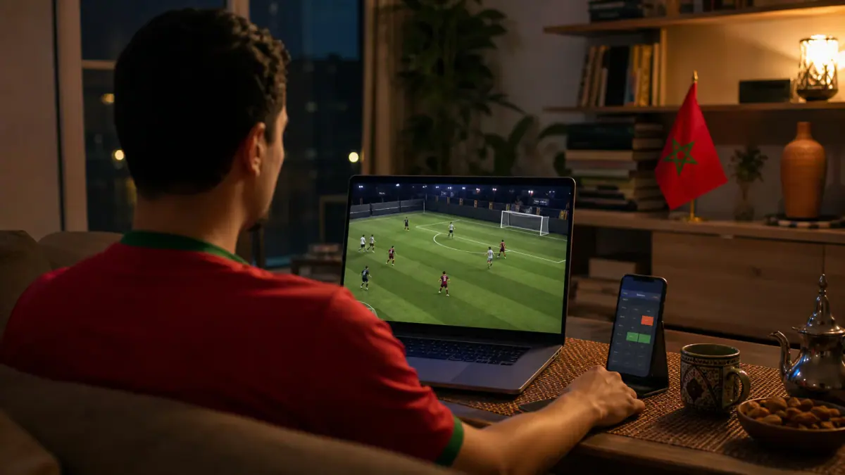 Moroccan supporter watching small-sided football coverage on a laptop at home