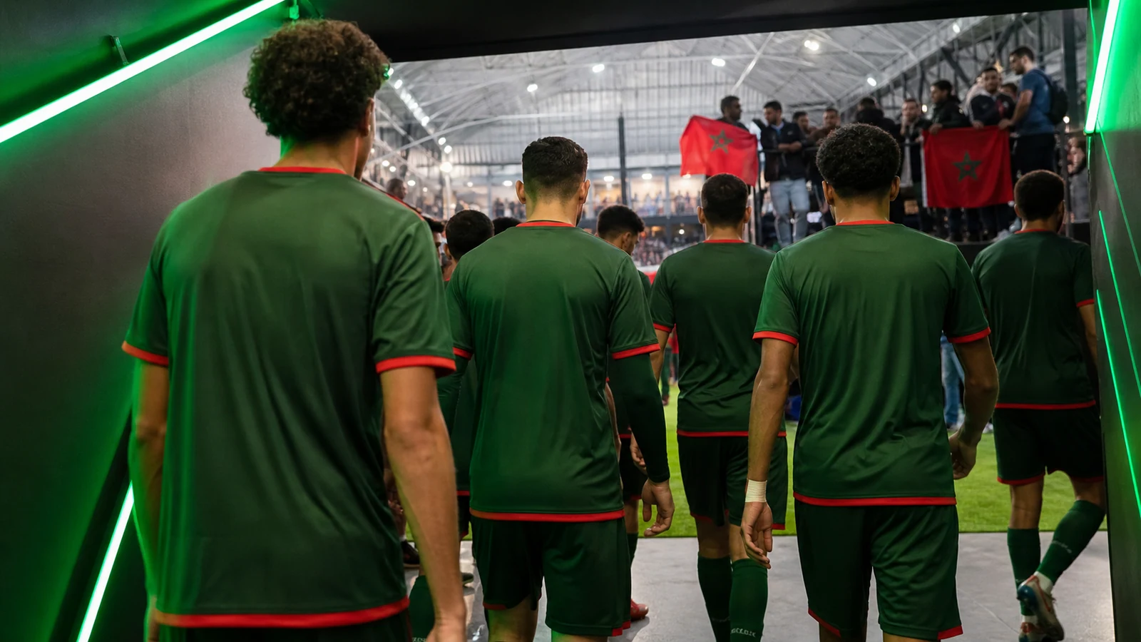 Zaytouna-style team walking through a green-lit tunnel toward the arena pitch