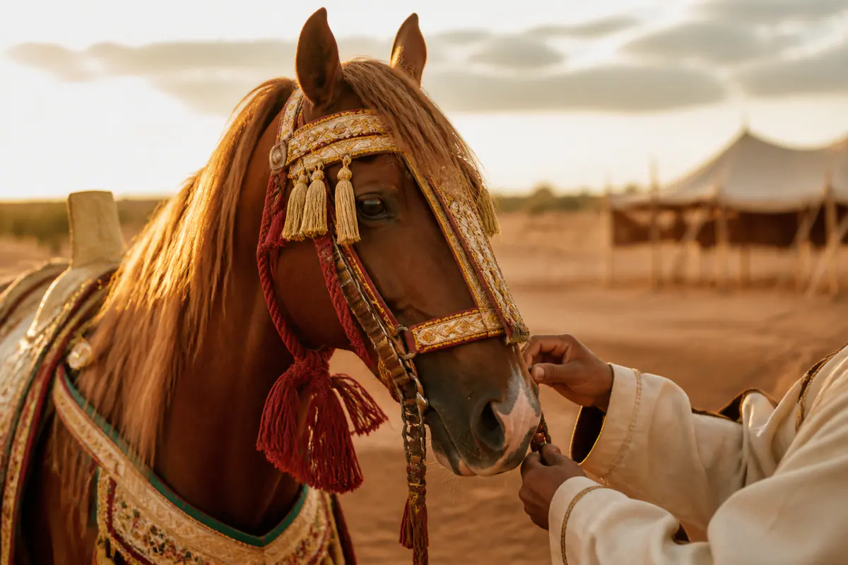 Barb horse wearing decorated Moroccan Tbourida tack while a rider checks the bridle