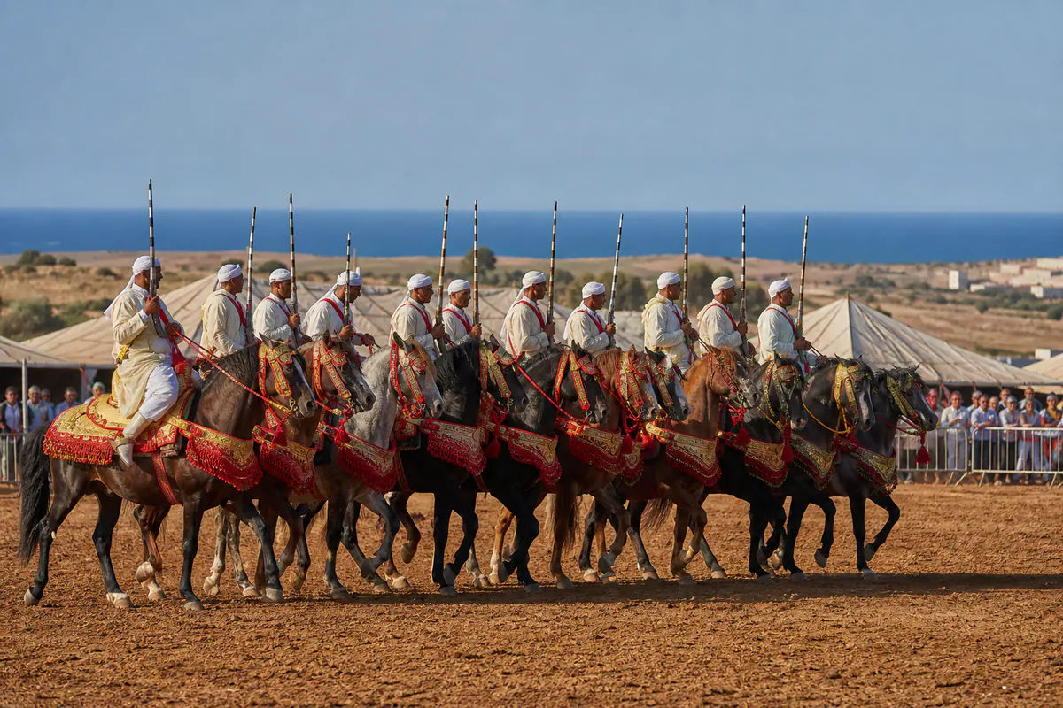 Moroccan Tbourida sorba riding in formation near a Mediterranean coastal festival ground