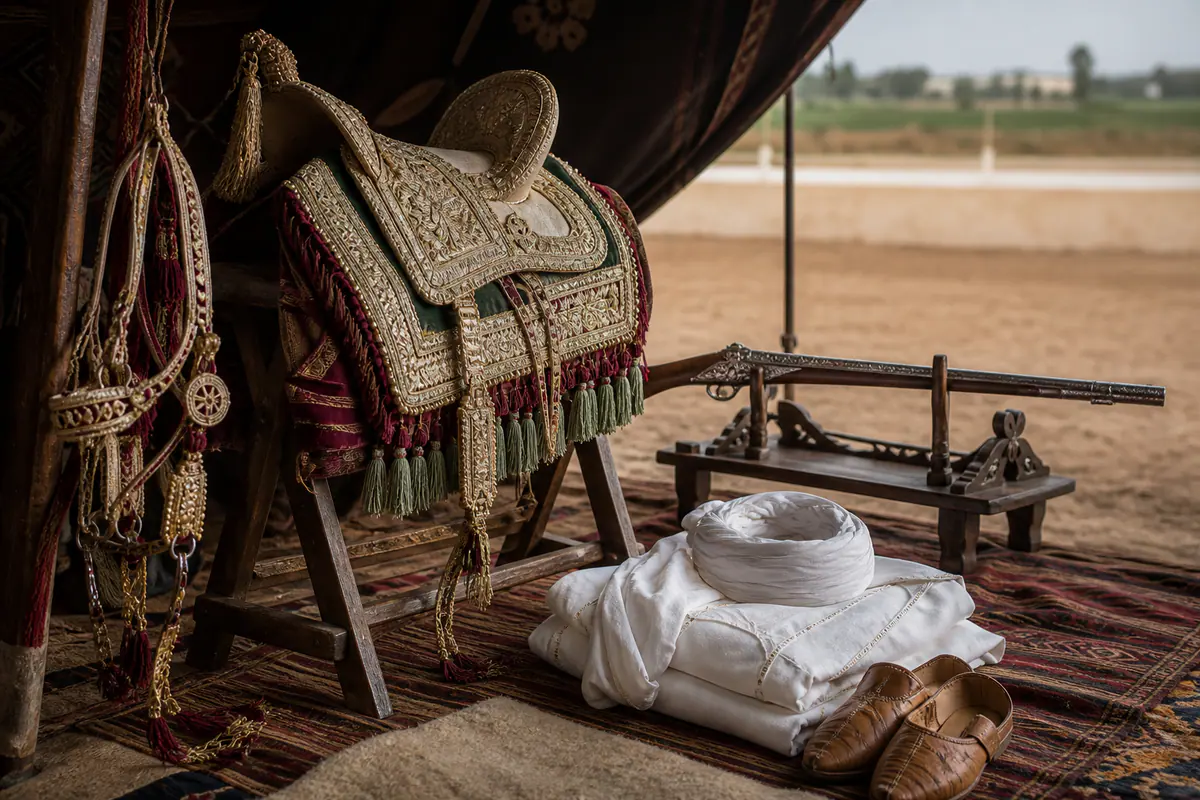 Decorated Tbourida saddle, bridle, white rider clothing and ceremonial musket displayed in a tent
